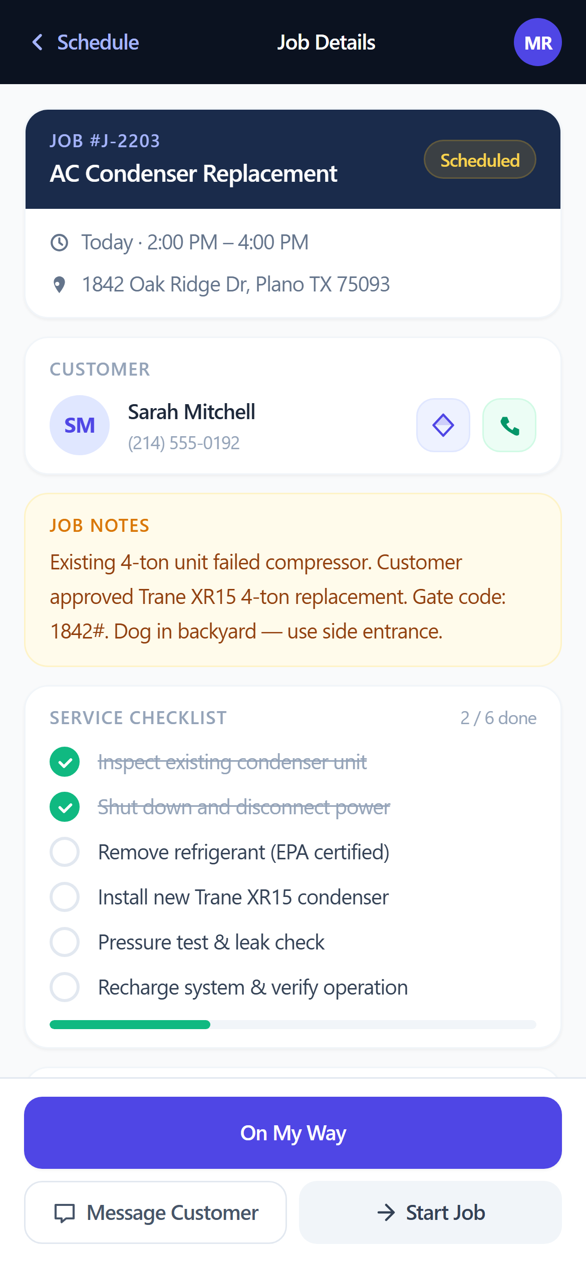 Technician job detail view